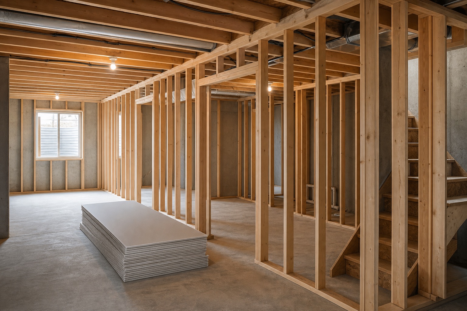 Wood-framed basement layout with drywall sheets stacked for installation