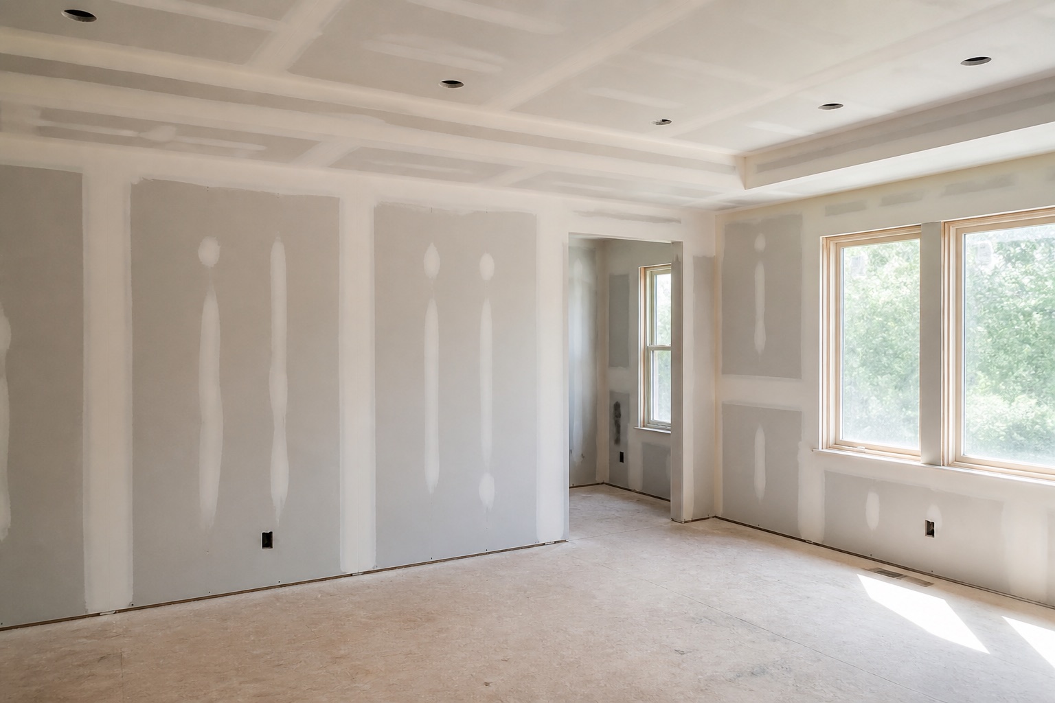 Freshly taped and finished drywall walls and ceiling in a bright room