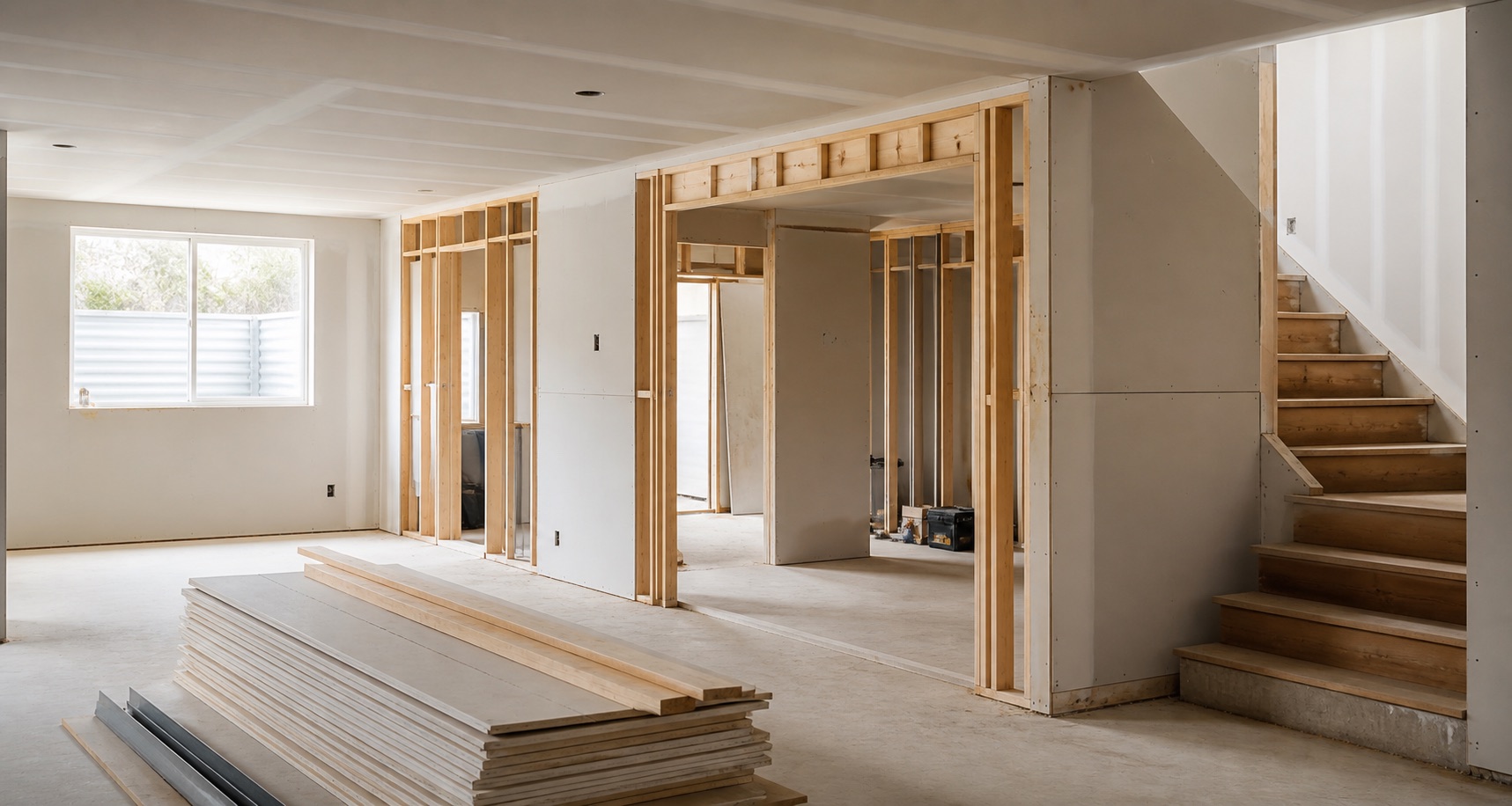 Open basement renovation with fresh framing, drywall, and a finished staircase
