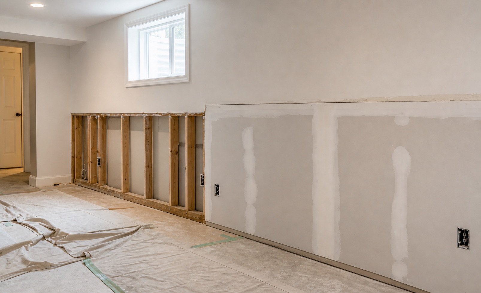 Lower-wall drywall repair and rebuild in a protected renovation room